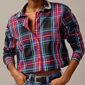 J. Crew Cropped Button Down Plaid with Crystal Buttons Size 4, EUC